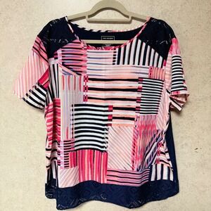 Van Heusen XXL Plus  Womens Multicolored Stripes Dark Blue Lace Trim Cozy Blouse